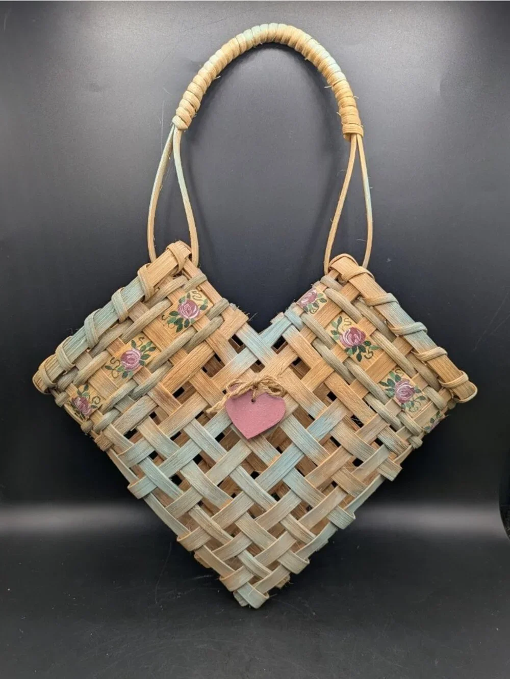 Vintage Woven Two Sided Heart Shaped Hanging Basket Hand Painted Floral 14